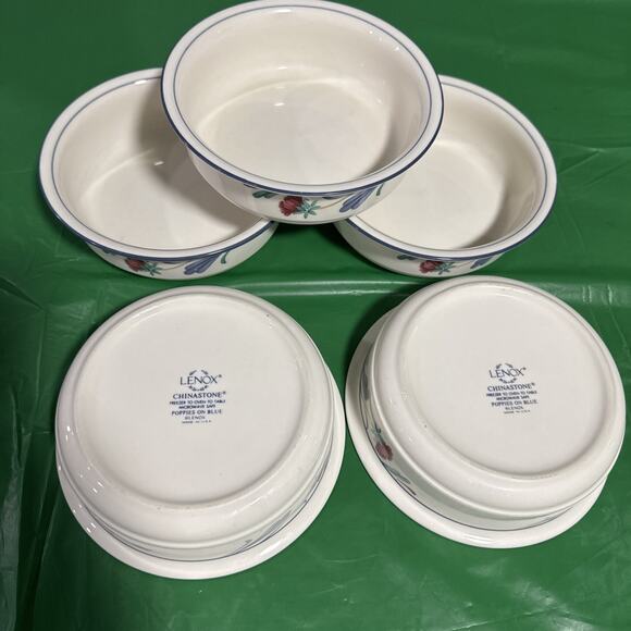 (Set of 5) Lenox Chinastone POPPIES ON BLUE 6 1/4" Cereal or Soup BOWLS (USA) - Picture 2 of 8